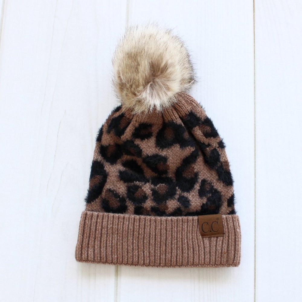 CC Leopard Fur Pom Beanie